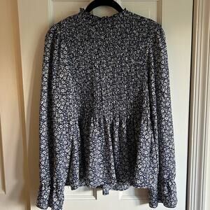 Mi Ami Smocked Mock Neck Blouse Long Sleeve Blue Floral Size Small